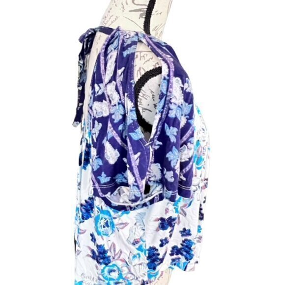Free People Baja Babe Floral Tie Back Top Blue Cold Shoulder Size Small BOHO - Picture 5 of 13
